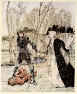 Hvordan Beaumains beseiret den røde ridderen og alltid jenta snakket mange stygge ord til ham, illustrasjon fra "The romance of King Arthur and his knights of the Round Table" av Alfred W. Pollard, 1910 av Arthur Rackham