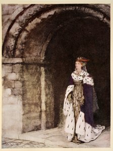 Hvordan dame Lionesse kom frem kledd som en prinsesse, illustrasjon fra "The romantique of King Arthur and his knights of the Round Table" av Alfred W. Pollard, 1910 av Arthur Rackham