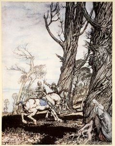 Hvordan Sir Launcelot drepte ridderen Sir Peris de Forest Savage som fortvilet damer, damer og gentlewomwen, illustrasjon fra "The romantique of King Arthur and his knights of the Round Table" av A av Arthur Rackham