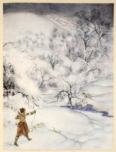 Hvordan Sir Launcelot ble skutt av en gentlewoman på jakt, illustrasjon fra "The romantique of King Arthur and his knights of the Round Table" av Alfred W. Pollard, 1910 av Arthur Rackham