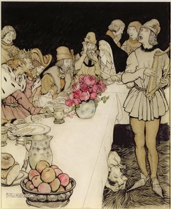Hvordan til en stor fest som kong Mark laget kom harper Eliot og sang leken som Dinadan hadde laget (penn og blekk, wc) av Arthur Rackham