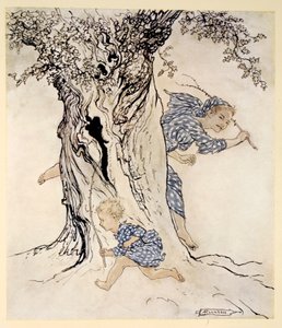 Hvordan han anstrengte seg og peset for å fange den forfølgende personen og forfølge henne og få sin egen bryter i gang, illustrasjon fra 'Irish Fairy Tales' av James Stephens, 1920 av Arthur Rackham