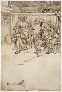 Jeg har noen gang snakket med Rip Van Winkle selv, som, da jeg sist så ham, var en veldig sårbar gammel mann., fra Rip Van Winkle av Washington Irving, pub. 1910 av Arthur Rackham