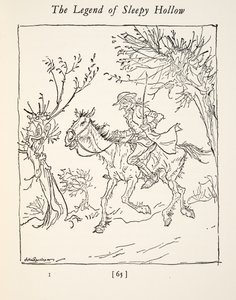 Ichabod Crane rømmer fra the Headless Horseman, fra The Legend of Sleepy Hollow av Washington Irving (1783 - 1859), pub. 1928 av Arthur Rackham