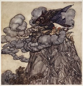 Hvis hun var misfornøyd, ville hun brygge opp skyer svarte som blekk, sittende midt iblant dem som en edderkopp med flaske i midten av nettet; da disse skyene brast, ve dalene!, fra Rip Van av Arthur Rackham