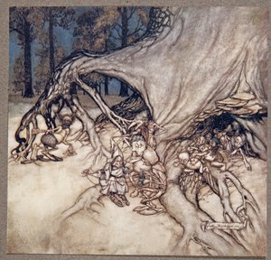 Hvis de dårlige blant feene tilfeldigvis er ute, fra Peter Pan i Kensington Gardens av J M Barrie (1860 - 1937), pub. 1906 av Arthur Rackham
