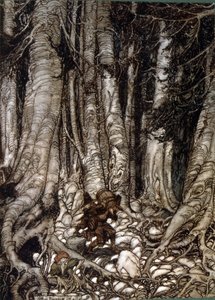 Illustrasjon av Arthur Rakham av Rip Van Winkle, en novelle av den amerikanske forfatteren Washington Irving først utgitt i 1819 av Arthur Rackham