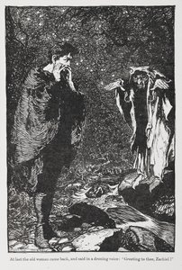 Illustrasjon fra Jorinda og Joringel av Zachiel og den gamle kvinnen. av Arthur Rackham