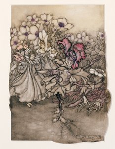 Illustrasjon fra Peter Pan i Kensington Gardens av J.M. Barrie (1860-1937) 1906 (penn og blekk med wc på papir) av Arthur Rackham