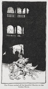 Illustrasjon fra Gullfuglen når prinsen bærer av piken på hesteryggen. av Arthur Rackham