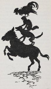 Illustrasjon fra Bremen Town Musicians av en rumpe, hund, katt og hane. av Arthur Rackham