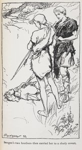 Illustrasjon av Imogen og hennes brødre fra Cymbeline. av Arthur Rackham