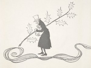 Illustrasjon av Joakim, avbildet av en kvist kristtorn, som holder en pose med penger og ser sint ut. av Arthur Rackham