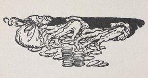 Illustrasjon av Scrooges hender som teller penger av Arthur Rackham