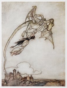 Illustrasjon av en drage som bærer bort prinsessen fra The Four Clever Brothers. av Arthur Rackham