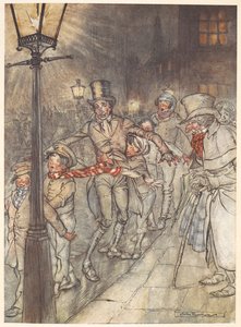 Illustrasjon av et gatebilde på julaften med Bob Cratchit og barn. av Arthur Rackham