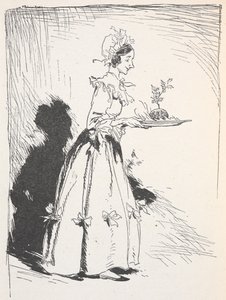 Illustrasjon av en kvinne som bærer en julepudding av Arthur Rackham