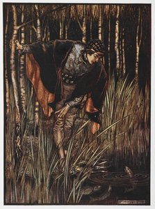 Illustrasjon av en ungdom ved en dam fra The White Snake. av Arthur Rackham
