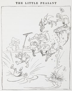 Illustrasjon av menn som hopper fra en klippe ned i en dam fra The Little Peasants. av Arthur Rackham