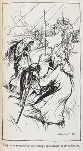 Illustrasjon av de tre heksene, Macbeth og Banquo. av Arthur Rackham