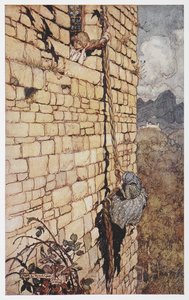 Illustrasjon av heksen som klatrer opp i Rapunzels hår. av Arthur Rackham