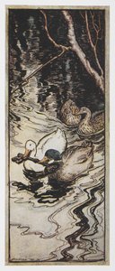Illustrasjon av to ender som bærer en nøkkel fra The Queen Bee. av Arthur Rackham