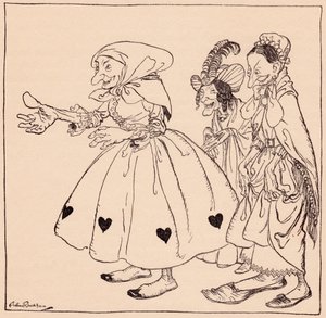 Inn kom de tre kvinnene kledd på den mest staselige måte. Illustrasjon av Arthur Rackham fra Grimm