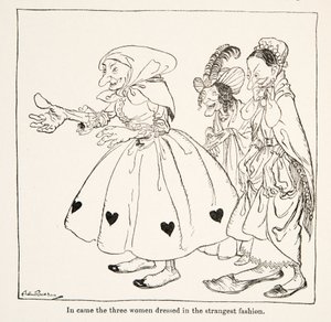 Inn kom de tre kvinnene kledd på merkeligste vis, fra Little Brother & Little Sister and Other Tales av brødrene Grimm, pub.1917 (litho) av Arthur Rackham