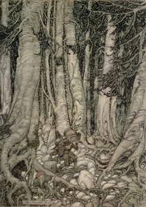 In the Forest with a Barrel fra Rip Van Winkle skrevet av Washington Irving (1783-1859), 1905 av Arthur Rackham