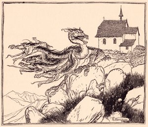 Det tok ikke lang tid før den syvhodede dragen kom, høylytt brølende. Illustrasjon av Arthur Rackham fra Grimm