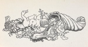Gjenstander fra en julefest som renner ut fra en hornform. Varene inkluderer en julepudding, pølser, en kalkun, en gris, en and, en fasan, en pai og frukt. av Arthur Rackham