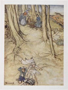"Jack og Jill". To barn faller ned en bakke. Jill søler en spann med vann mens Jack støter på hodet. av Arthur Rackham