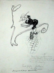 "Jorumgander den yngre forlot butikken sin og henvendte seg til dem med et etui med penner som han tilbød for salg", illustrasjon fra "The Zankiwank and the Bletherwitch", av S.J. Adair Fitzgerald, utgitt 1896 (penn og blekk på papir) av Arthur Rackham