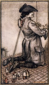 Lilliputske skreddere måler Gulliver for å lage ham ny drakt, illustrasjon av Arthur Rackham (1867-1939) fra Gulliver