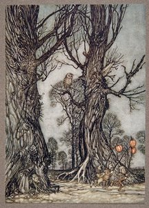 Linkmenn som løper foran og bærer vinterkirsebær, fra Peter Pan i Kensington Gardens av J M Barrie (1860 - 1937), pub. 1906 av Arthur Rackham