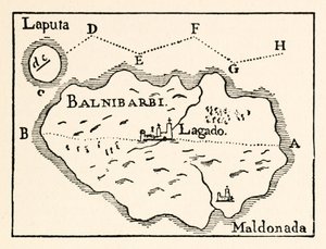 Kart over Laputa (flygende øy øverst til høyre) og Balnibarbi (hovedhavn Maldonado) fra del III: A Voyage to Laputa, Balnibarbi, Luggnagg, Glubbdubdrib og Japan in Gullivers Travels av Jonathan Swift