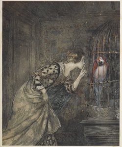 May Colvin og en papegøye i et bur. av Arthur Rackham