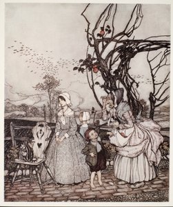 Mor og barn som kommer tilbake etter å ha samlet epler, fra Rip Van Winkle av Washington Irving, pub. 1910 av Arthur Rackham