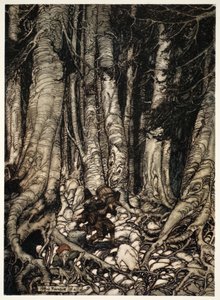 Gjensidig avlastende hverandre klatret de opp i en smal slukt., fra Rip Van Winkle av Washington Irving, pub. 1910 av Arthur Rackham