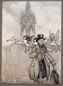 Gamle Mr Salford var et krabbeeple av en gammel herre som vandret hele dagen i Gardens, fra Peter Pan i Kensington Gardens av J M Barrie (1860 - 1937), pub. 1906 av Arthur Rackham