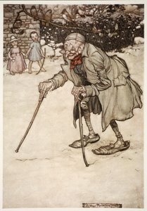 Gammel mann med to pinner, fra Rip Van Winkle av Washington Irving, pub. 1910 av Arthur Rackham