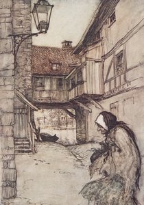 En gang var det en fattig gammel kvinne som bodde i en landsby, fra The Fairy Tales of the Brothers Grimm, pub. 1909 av Arthur Rackham