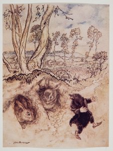 Løk-saus! Løk-saus! bemerket han spottende, og var borte før de rakk å komme på et svar, fra Wind in the Willows av Kenneth Grahame (1859 - 1932), pub. 1940 av Arthur Rackham