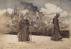 Padre Alonzo så ham ute av syne, illustrasjon fra Good Night av Eleanor Gates, 1907 (penn og blekk & wc på papir) av Arthur Rackham
