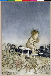 Peter Pan er Fairies Orchestra, illustrasjon fra Peter Pan i Kensington Gardens, av J.M. Barrie, 1806 (penn og blekk & wc på papir) av Arthur Rackham