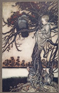 Sett hans merkelige sak foran Old Solomon Caw, fra Peter Pan i Kensington Gardens av J M Barrie (1860 - 1937), pub. 1906 av Arthur Rackham