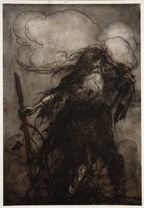 Rip våkner. Sikkert, selv om han, har jeg ikke sovet her i hele natt? Å! Det flagget! Den slemme flagget! Hvilken unnskyldning skal jeg komme med til Dame Van Winkle? fra Rip Van Winkle av Washington Irving, pub. 1910 av Arthur Rackham