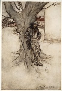 Rips son, en presis motstykke til seg selv, da han gikk opp på fjellet., fra Rip Van Winkle av Washington Irving, pub. 1910 av Arthur Rackham