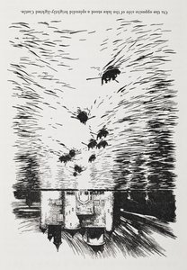 Robåter på en elv som nærmer seg et slott om natten. av Arthur Rackham
