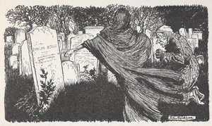Scrooge og et spøkelse på en kirkegård om natten. av Arthur Rackham
